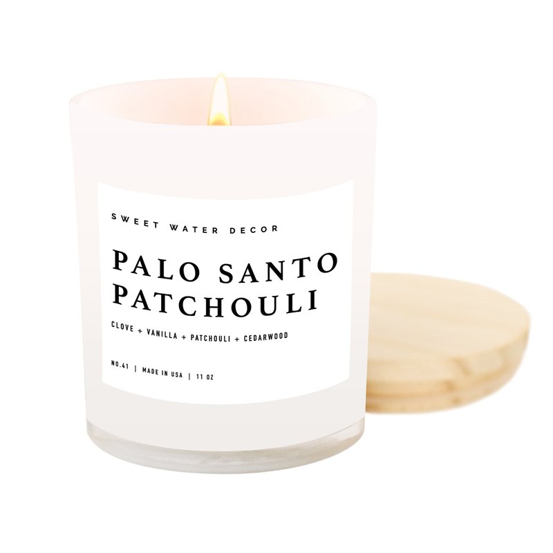 Sweet Water Decor Palo Santo Patchouli Soy Candle | White Jar Candle + Wood Lid