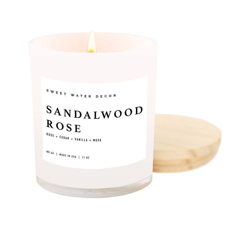 Sweet Water Decor Sandalwood Rose Soy Candle | White Jar Candle + Wood Lid