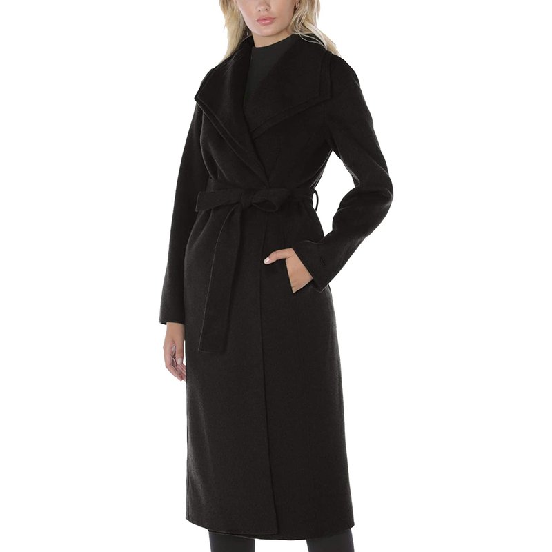 Shop Tahari Women's Black Double Layered Collar Wool Long Coat