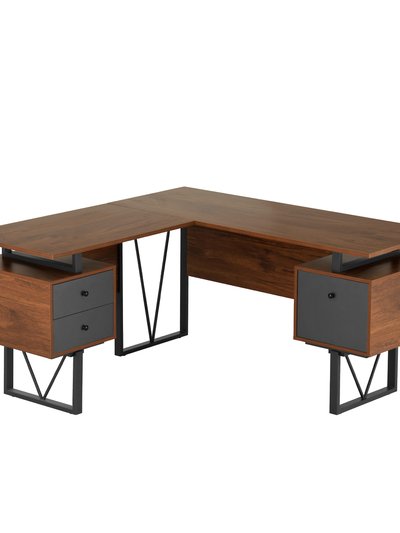 Techni Mobili Reversible L-Shape Computer Desk with Drawers and File Cabinet - Walnut product
