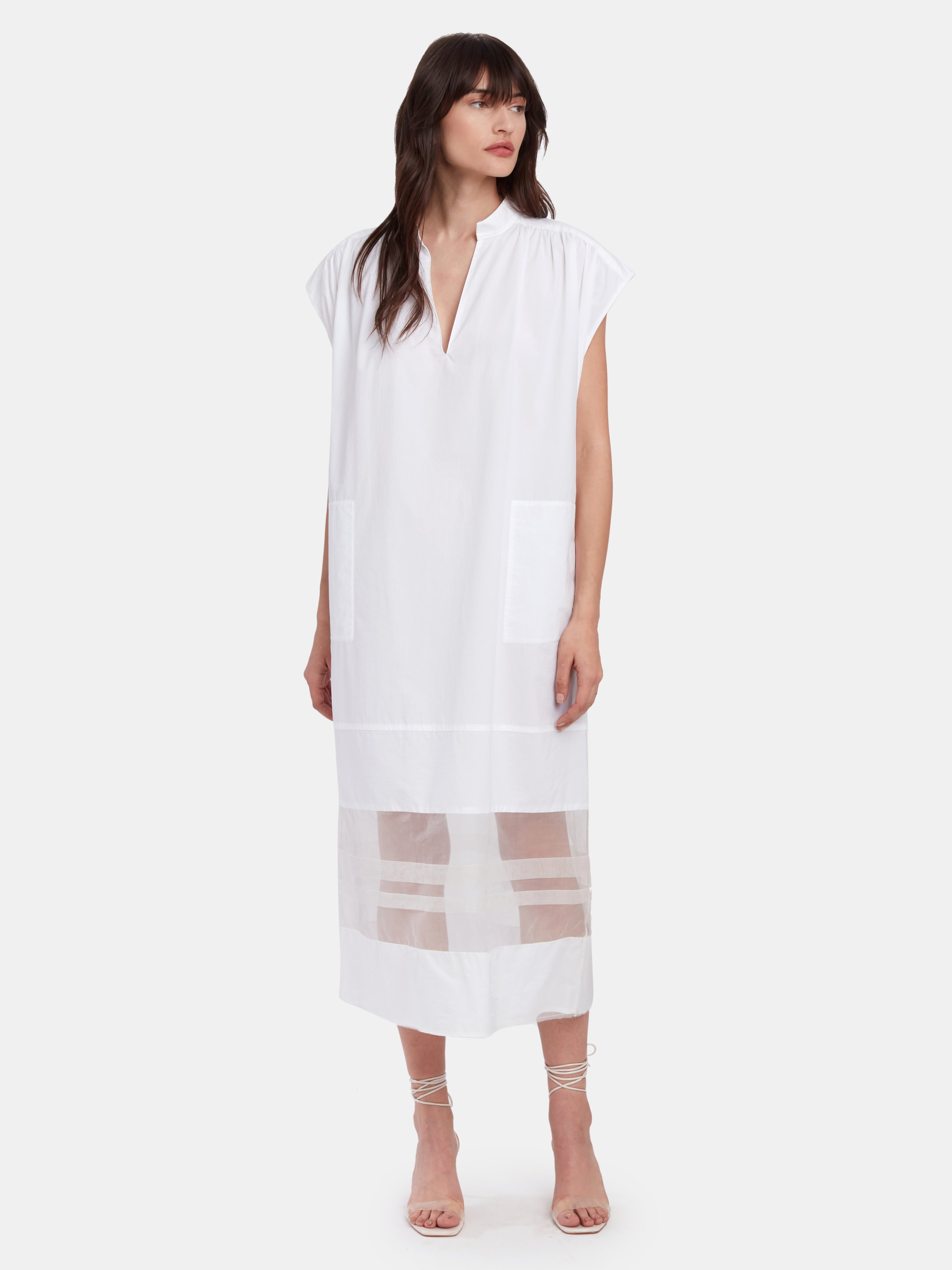 Tela Lampone Semi Sheer Midi Dress In Bianco