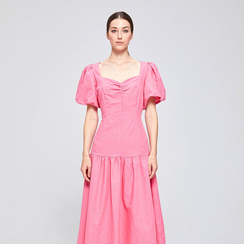 The 28th Rose Swan Puff Sleeve Midi Dress In Pink
