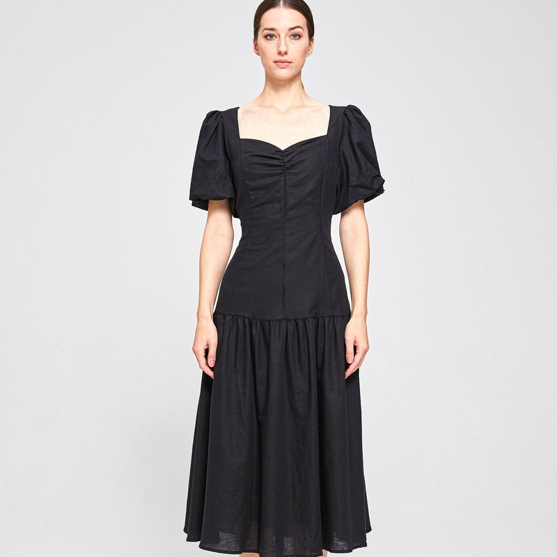 The 28th Rose Swan Puff Sleeve Midi Dress In Black