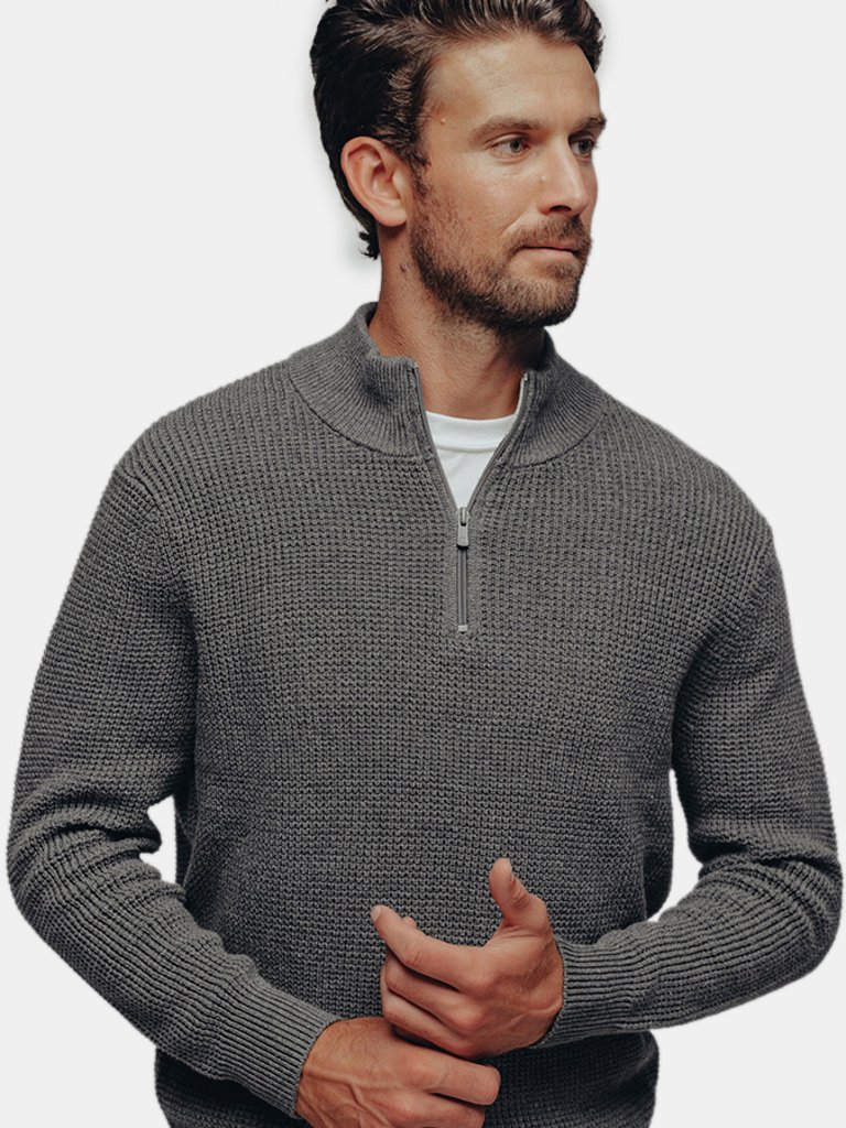 Waffle Knit Quarter Zip Pullover - Charcoal