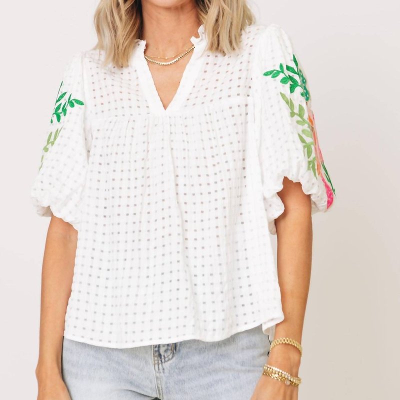 Thml Garden Party Embroidered Puff Sleeve Top In White