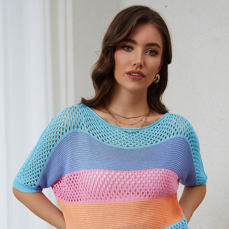 Shop Threaded Pear April Knitted Eyelet Colorblock Striped Half Sleeves Top In Blue
