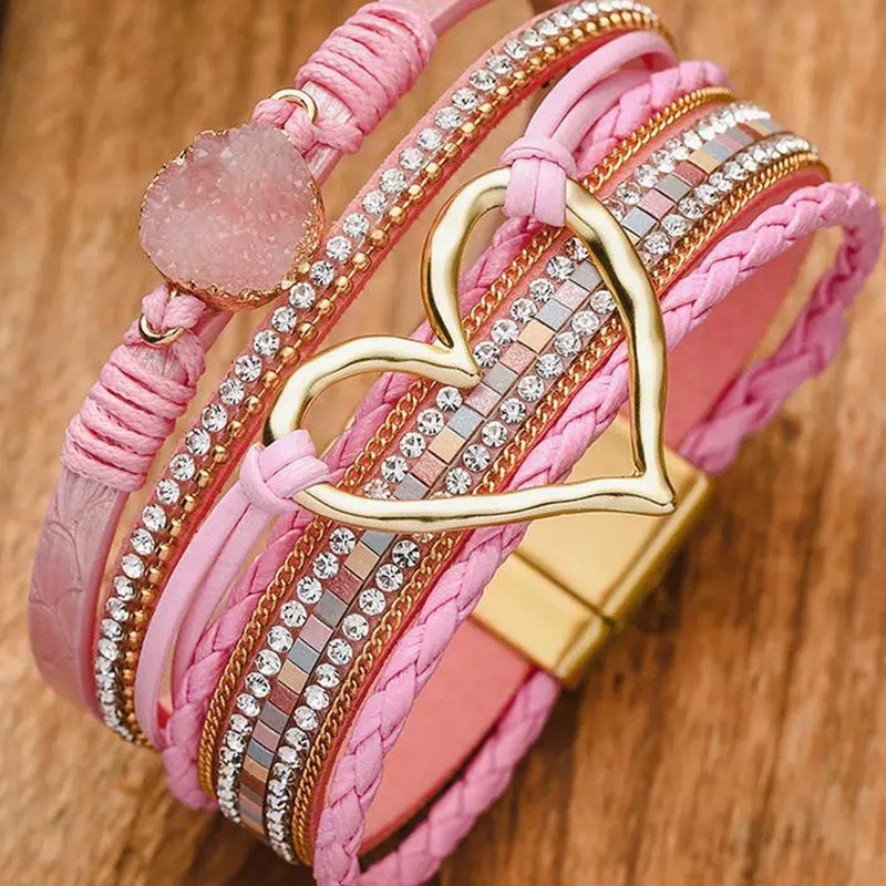 Shop Threaded Pear Bohemian Heart Rhinestone Magnetic Buckle Bracelet In Pink