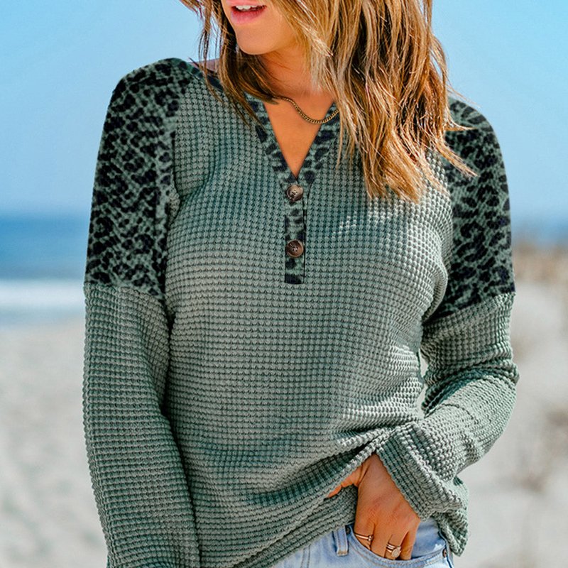 Threaded Pear Joanna Leopard Waffle Knit Buttoned V Neck Blouse In Green