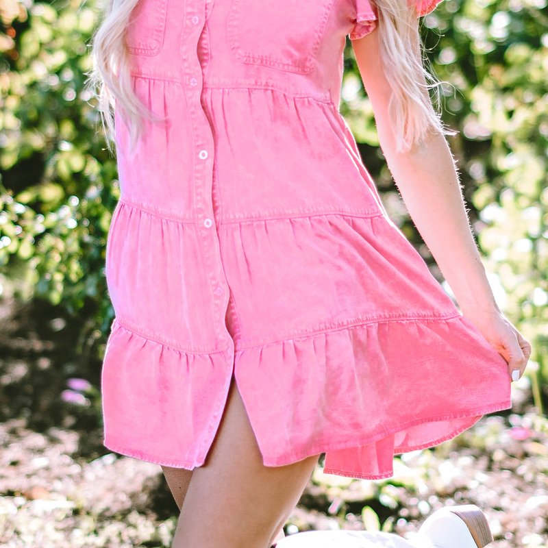 Shop Threaded Pear Kylee Ruffle Sleeve Tiered Chambray Dress In Pink