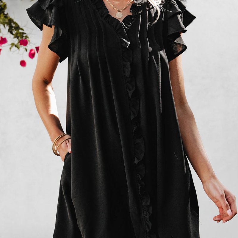 Shop Threaded Pear Pearl Ruffle Sleeve V Neck Frilled Shift Dress In Black