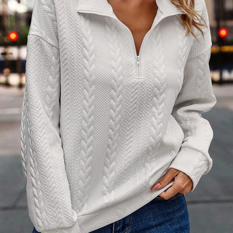 Threaded Pear Phoenix Zip Up Cable Textured Sweatshirt In White