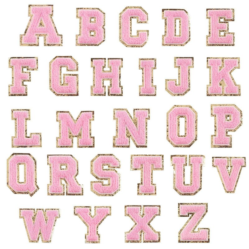Threaded Pear Pink Self Adhesive Chenille Letters Patches In Metallic