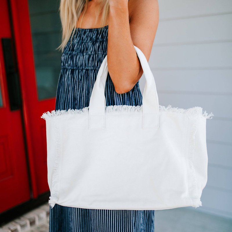 Threaded Pear Presley Fray Canvas Tote In White