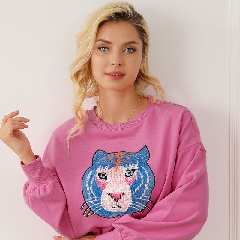 Threaded Pear Regina Chic Tiger Embroidered Casual Sweatshirt In Pink