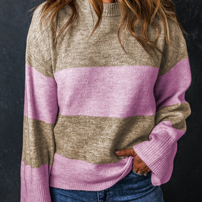 Shop Threaded Pear Renata Stripe Crew Neck Wide Sleeve Colorblock Sweater In Pink