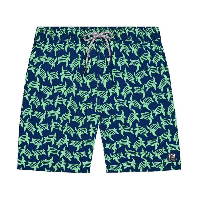Tom & Teddy Mens Navy + Green Turtles Swim Trunks In Navy Blue & Green