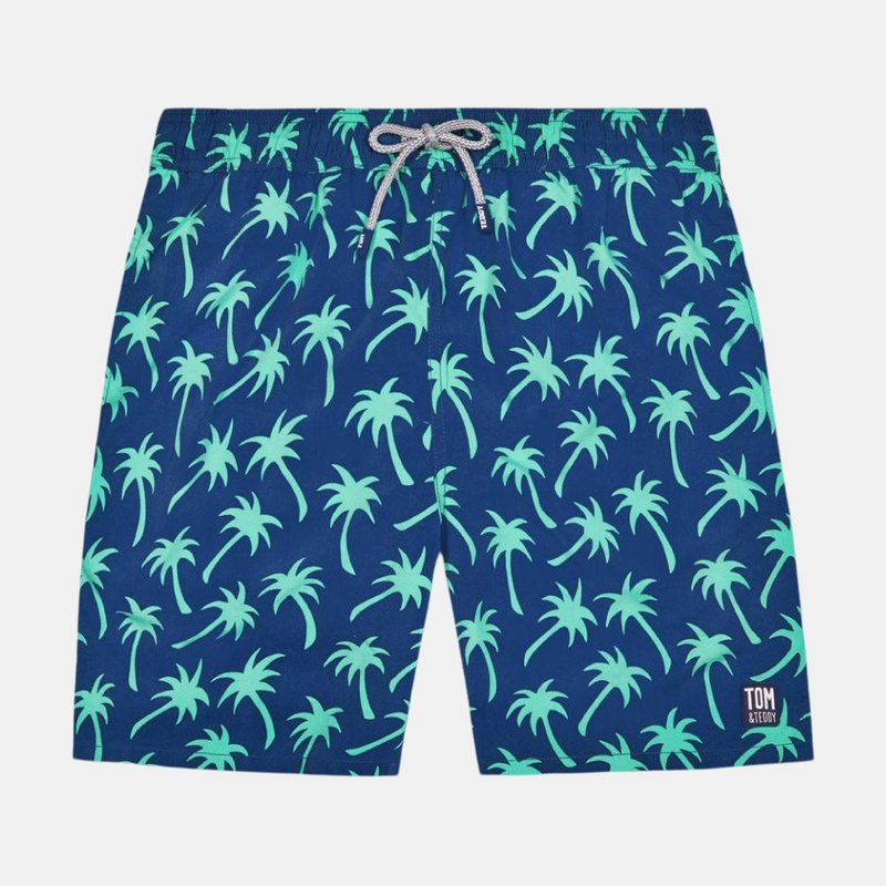 Tom & Teddy Mens Navy + Spring Green Palms Swim Shorts In Navy & Spring Green Palms