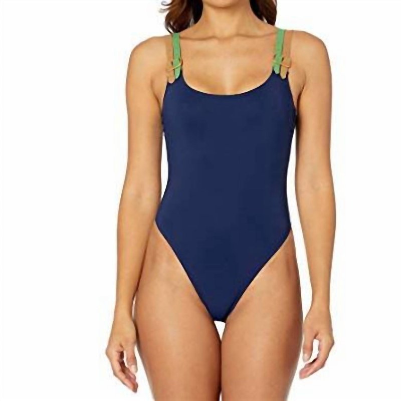Shop Tory Burch Rainbow Buckle Strap One Piece Swimsuit In Blue