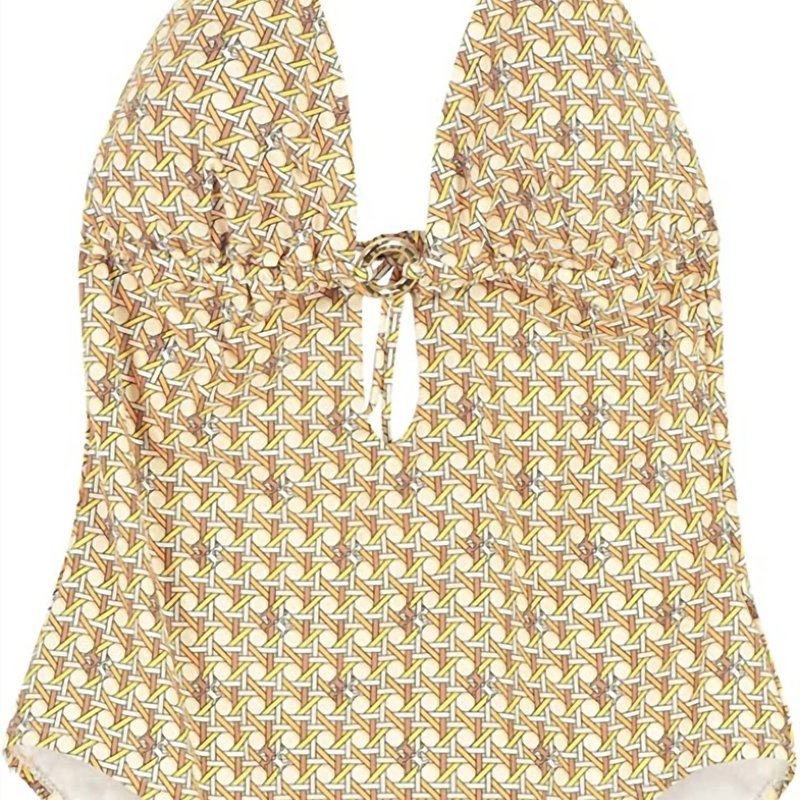 Shop Tory Burch Women Printed Ring Halter Tie Strap One-piece Swimsuit 3d Checkered In Yellow
