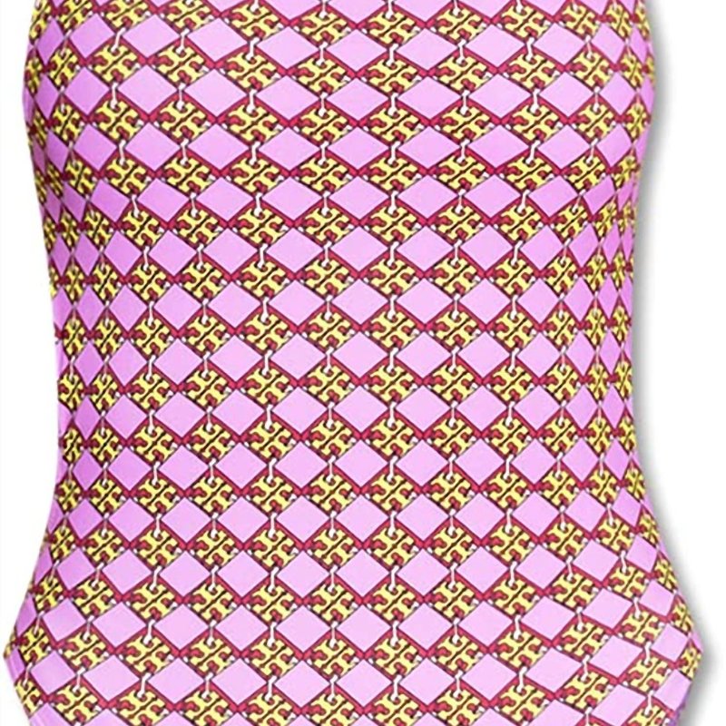 Shop Tory Burch Women's 3d Drawstring Back Checkered One Piece Swimsuit In Purple