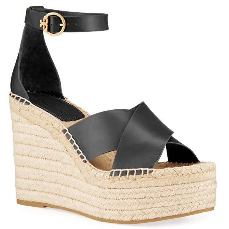 Shop Tory Burch Women's Selby Leather High Wedge Heel Adjustable Ankle Strap Espadrilles Sandals In Black