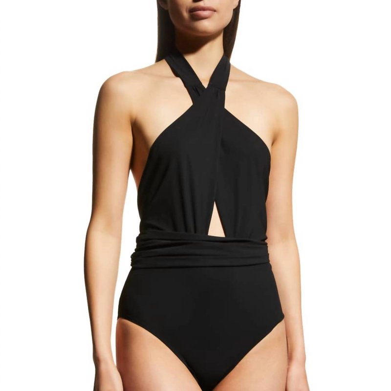 Tory Burch Wrap Halter One Piece Swimsuit In Black