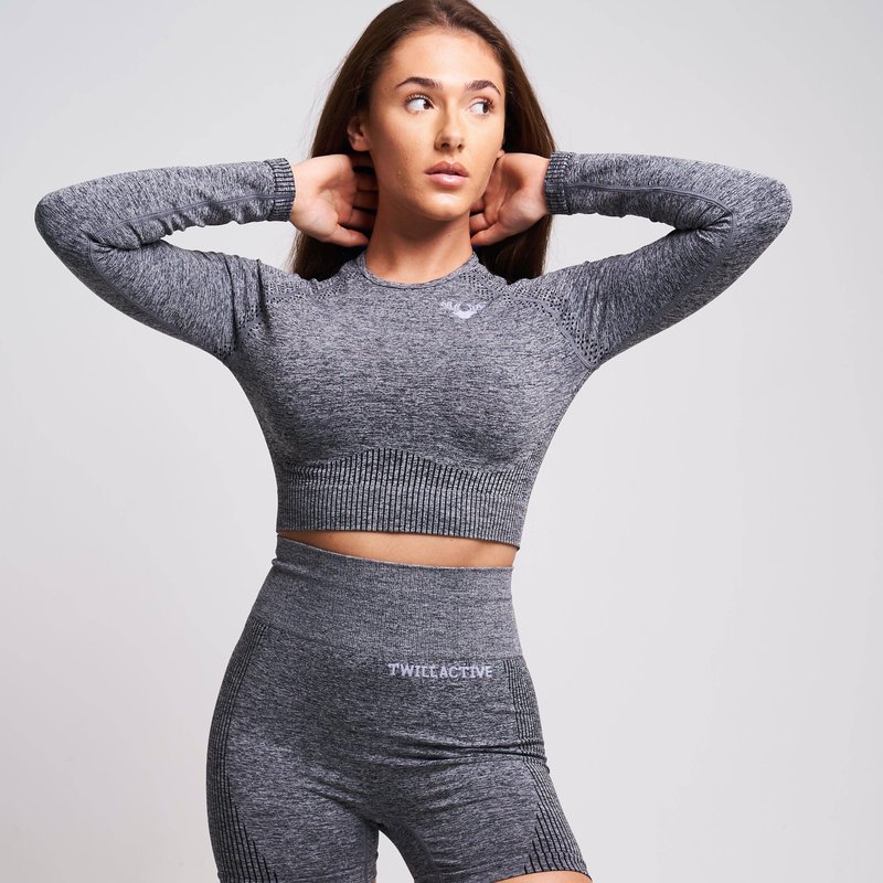 Shop Twill Active Acelle Recycled Long Sleeve Crop Top In Grey