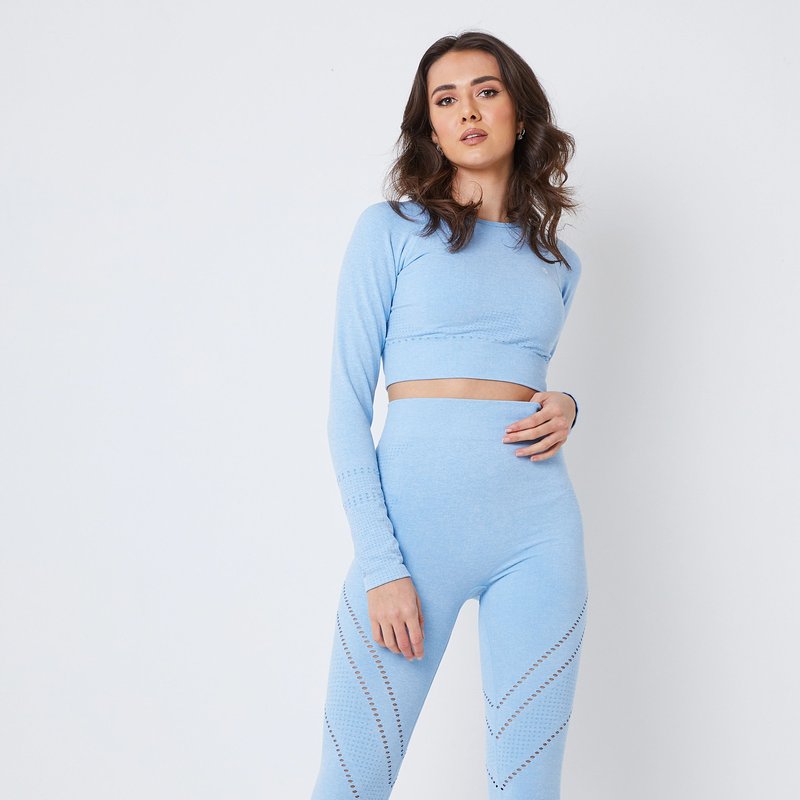 Twill Active Seamless Marl Laser Cut Full Sleeve Crop Top In Blue