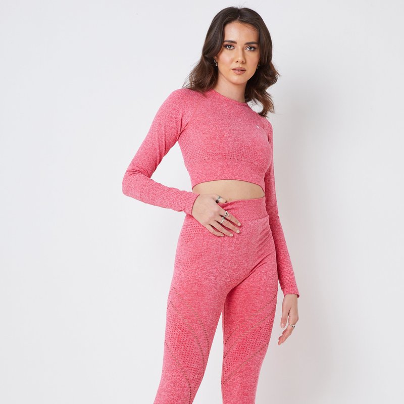 Twill Active Seamless Marl Laser Cut Full Sleeve Crop Top In Pink