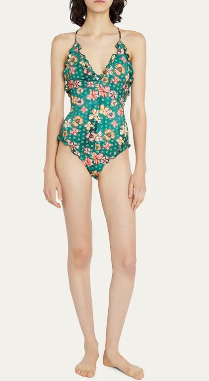 Shop Ulla Johnson Women's Giordana Maillot Green Floral One Piece Swimsuit With Ruffle