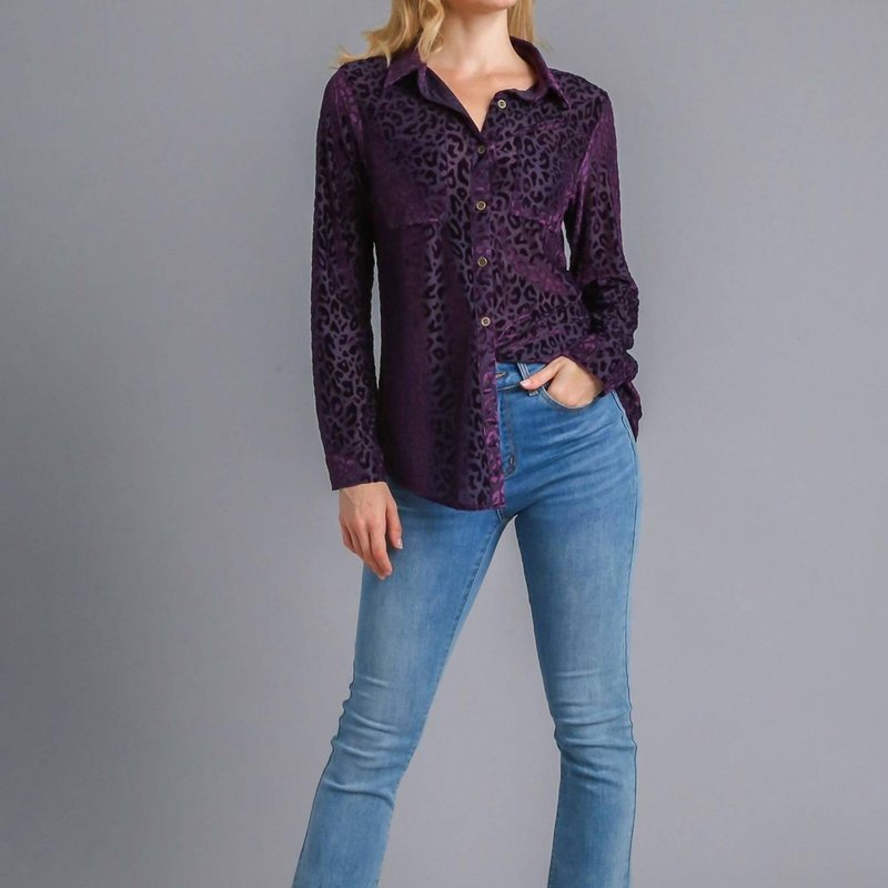 Shop Umgee Animal Print Velvet Button Up Top In Eggplant In Purple