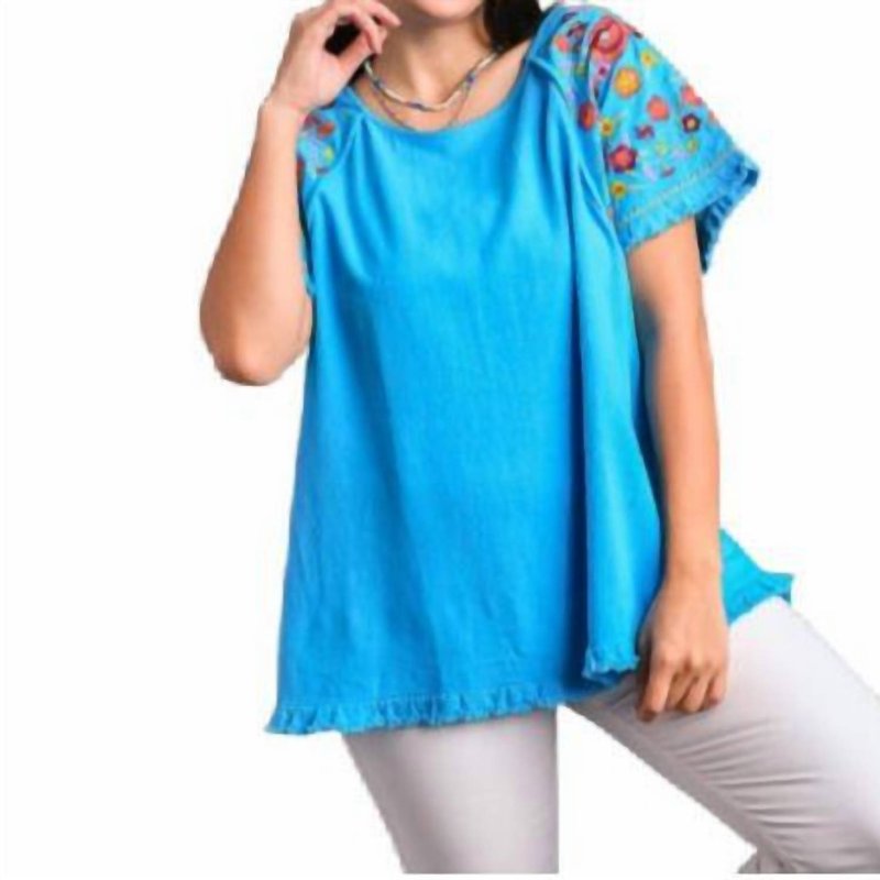 Shop Umgee Linen Plus Top With Embroidered Sleeves In Blue