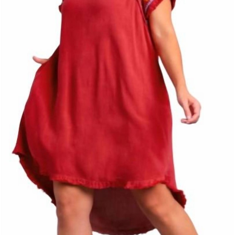Umgee Linen Short Sleeve Embroidery Dress In Red