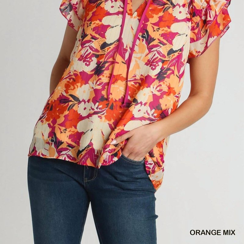 Shop Umgee Metallic Lurex Floral Print Layered Sleeve Blouse In Metallic Orange
