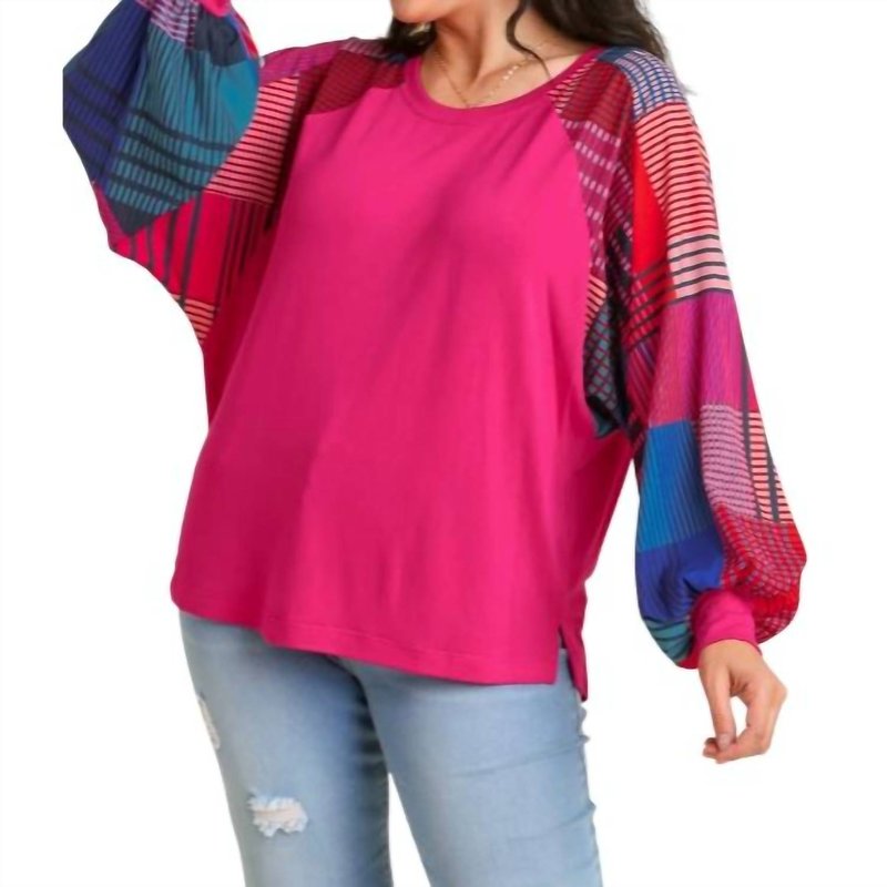 Shop Umgee Mixed Print Long Sleeves Top In Magenta In Pink