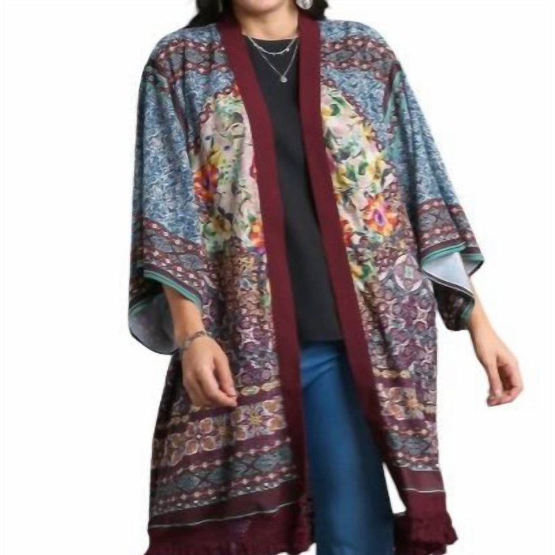 Shop Umgee Open Front Print Kimono In Maroon Mix Plus In Red
