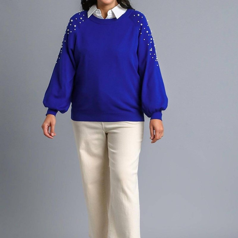 Shop Umgee Round Neck Pullover Sweater With Long Sleeve Pearl Details In Blue