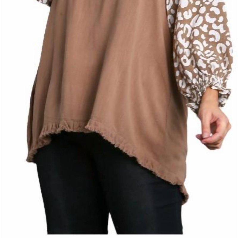 Shop Umgee Round Neck With Unfinished Frayed Hem Top In Latte In Brown