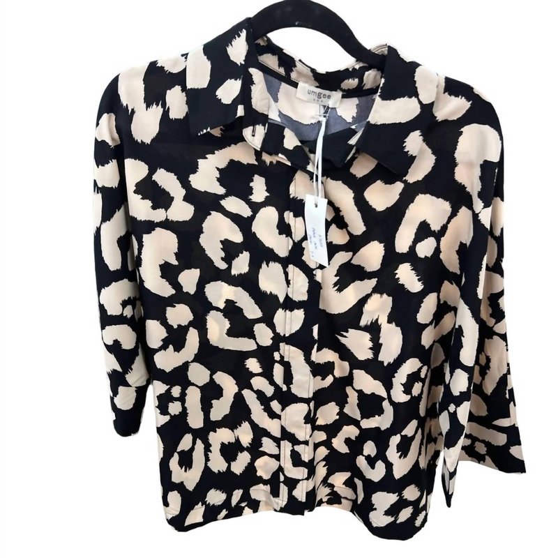Umgee Two Tone Leopard Print Hidden Button Down Top In Black