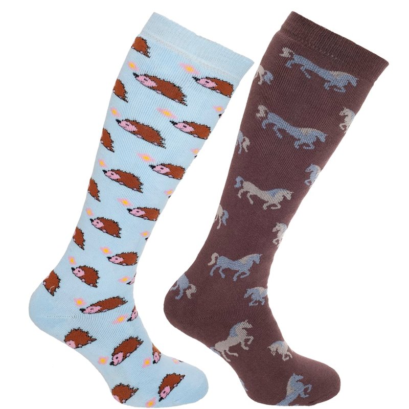 Universal Textiles Womens/ladies Animal Design Welly Socks (2 Pairs) (skyblue/brown) In Blue