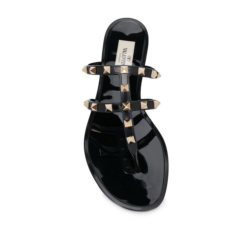 Shop Valentino Women's Rockstud T-strap Flat Slide Sandals In Black
