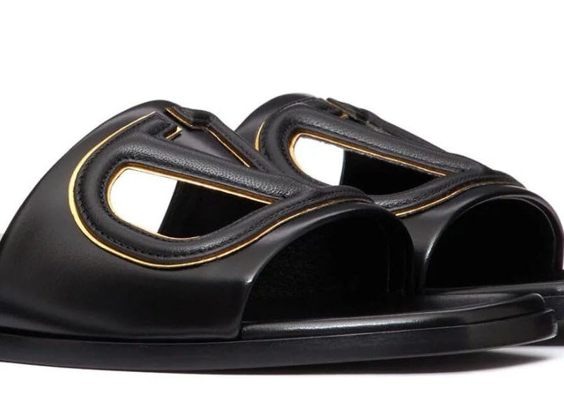 Shop Valentino Women's Vlogo Cut-out Leather Slides In Black