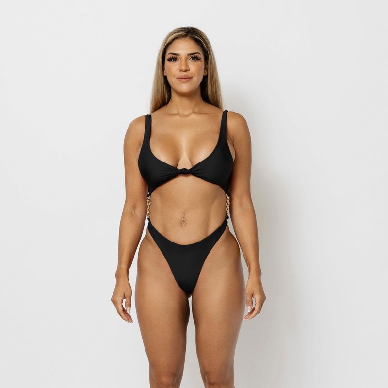 Vanity Couture Jasmine Open Front Monokini With Gold Chains In Black
