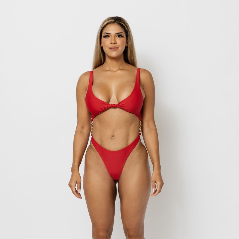 Vanity Couture Jasmine Open Front Monokini With Gold Chains In Red