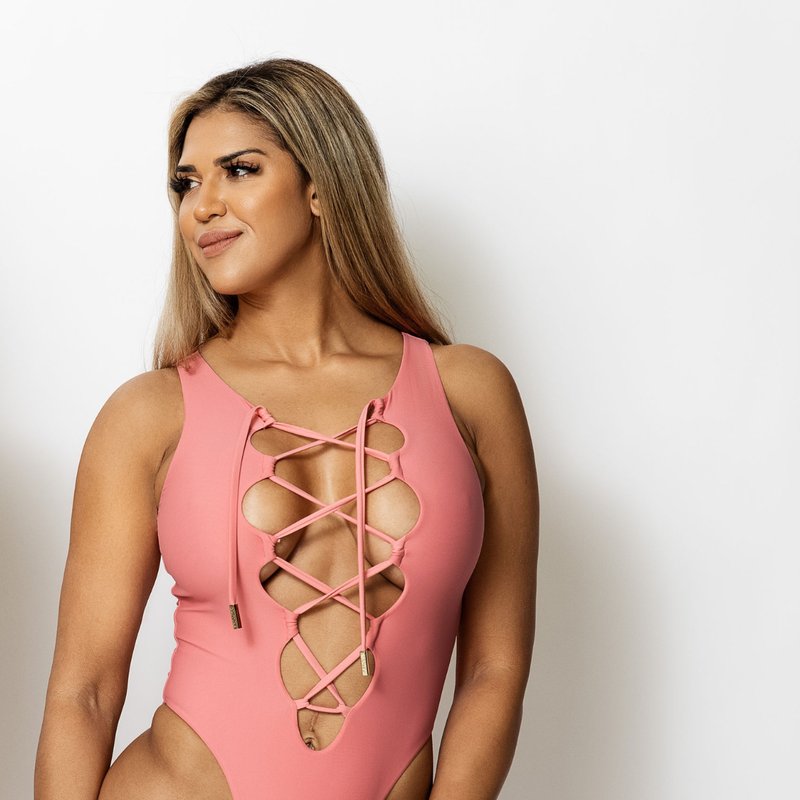 Vanity Couture Katrina Lace Up One Piece Swimsuit In Pink