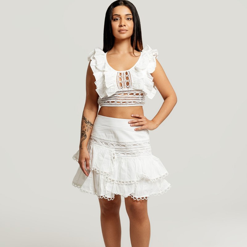 Vanity Couture Kristy Asymmetrical Embroidered Ruffle Skirt In White