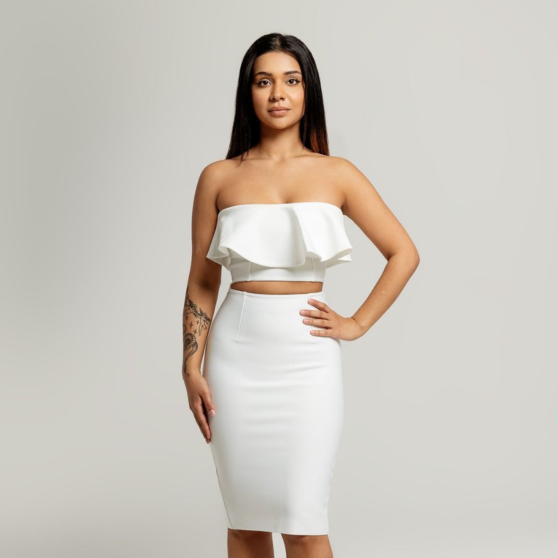 Vanity Couture Lola Strapless Ruffle Bandage Dress In White