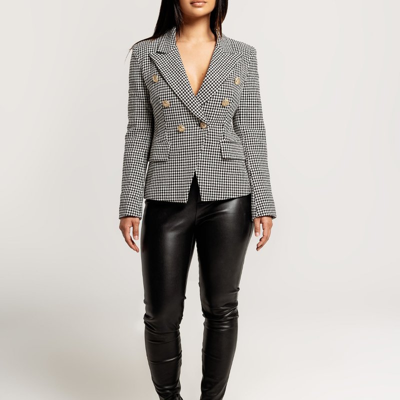 Vanity Couture Matilda Houndstooth Blazer With Gold Buttons In Black