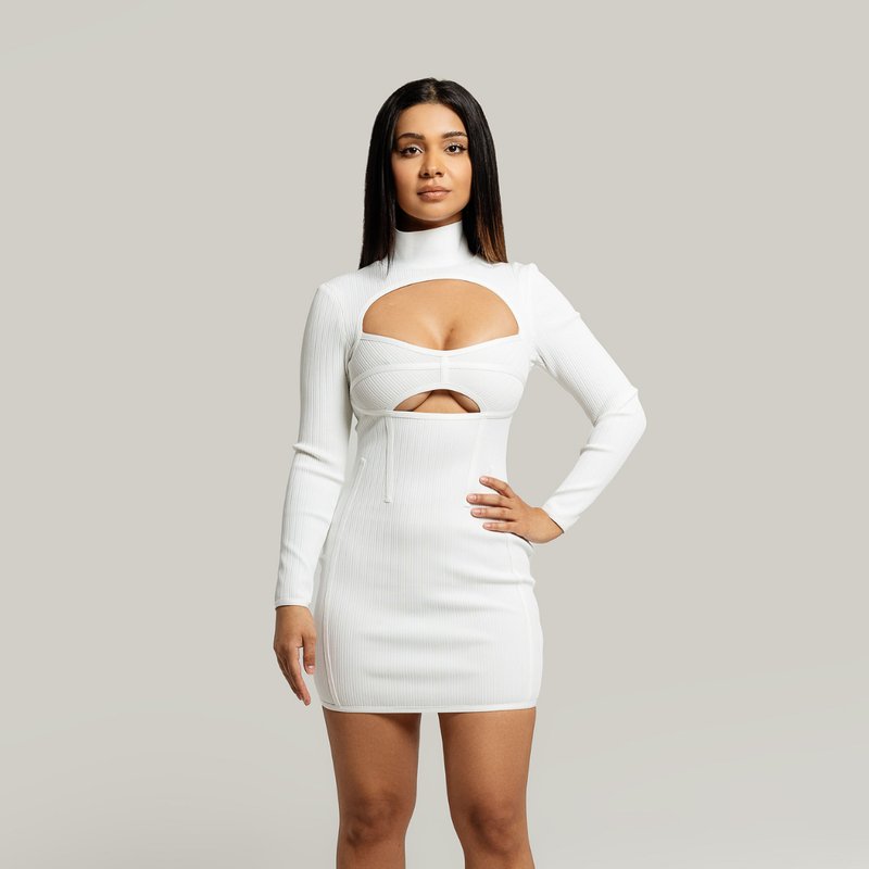 Vanity Couture Natalia Cut Out Long Sleeve Bodycon Dress In White