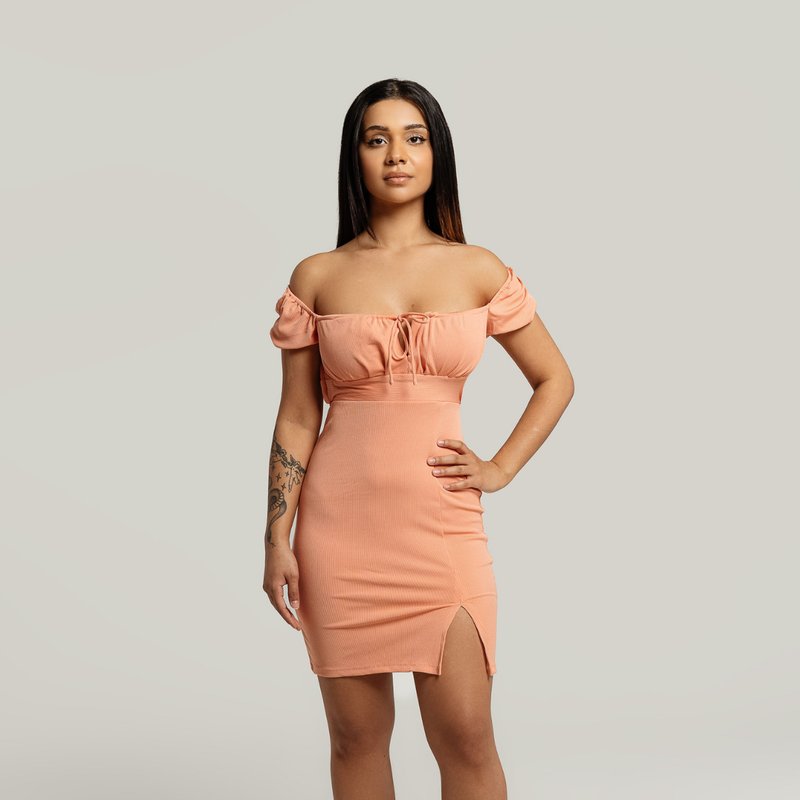 Vanity Couture Rosa Off The Shoulder Bodycon Dress In Orange